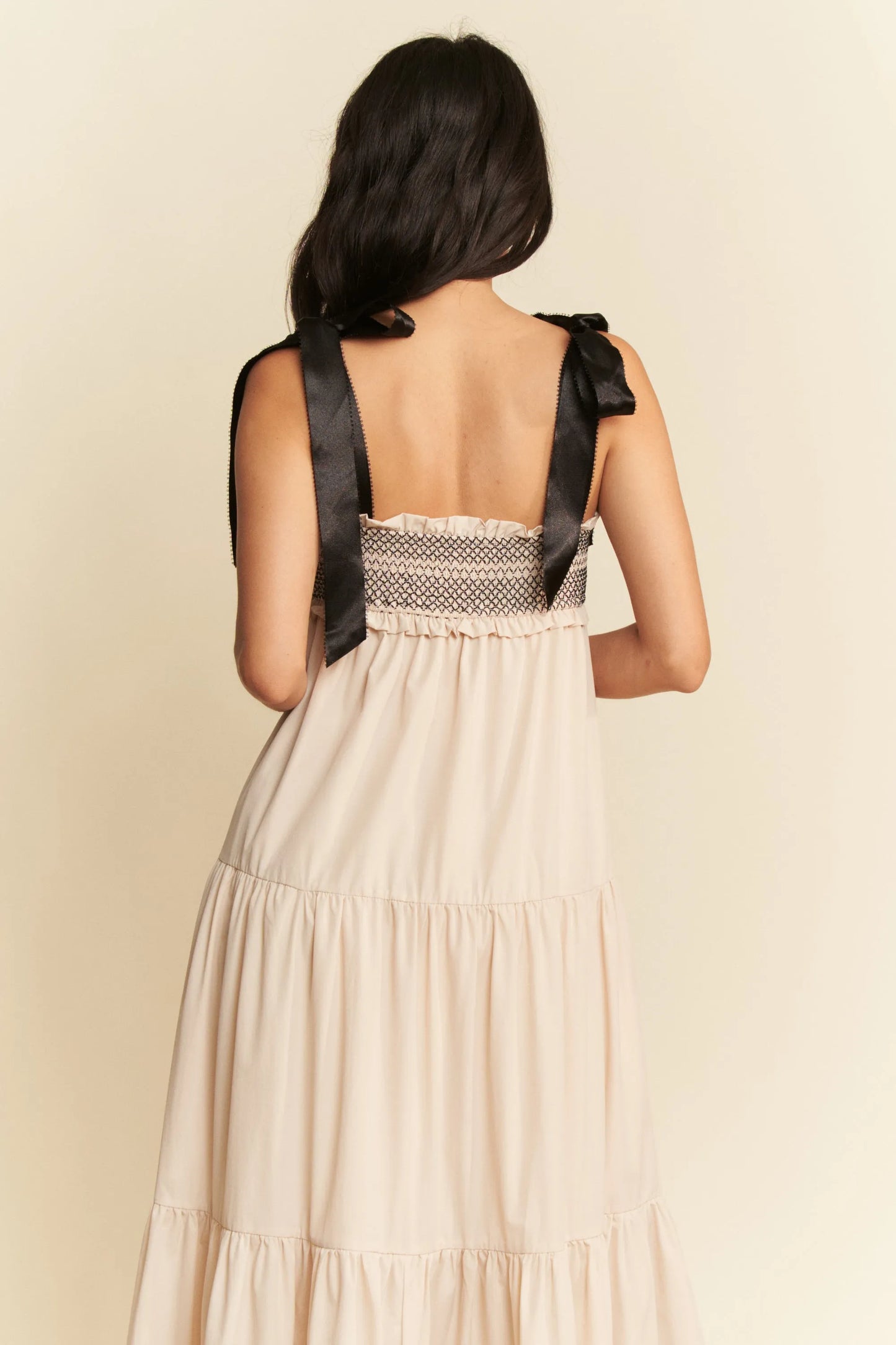 Multi Contrast Smocked Bodice Straps Maxi Dress in Beige - product view 9