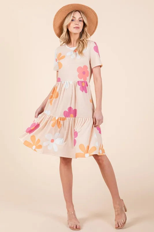 Floral Round Neck Short Sleeve Tiered Dress - Apricot - product view 1