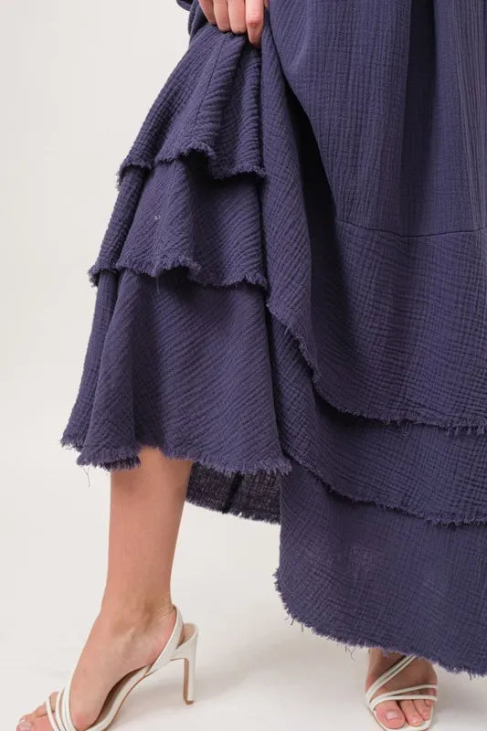 Washed Cotton Gauze Fringe Detail Tiered Dress - Navy - product view 3