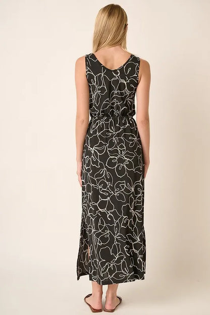 Side Slit Flower Print V-Neck Sleeveless Dress in Black - product view 5