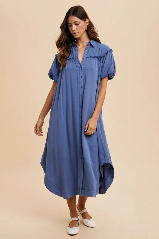 Mineral Washed Button Down Puff Sleeve Shirt Dress - Peacock Blue - product view 1