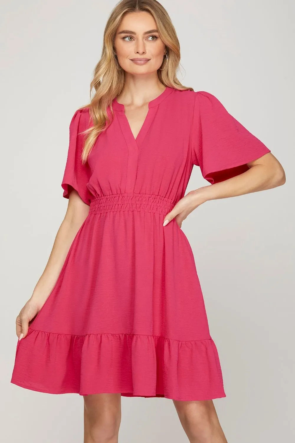 Ruffled Hem Notched Flutter Sleeve Mini Dress - Strawberry - product view 1