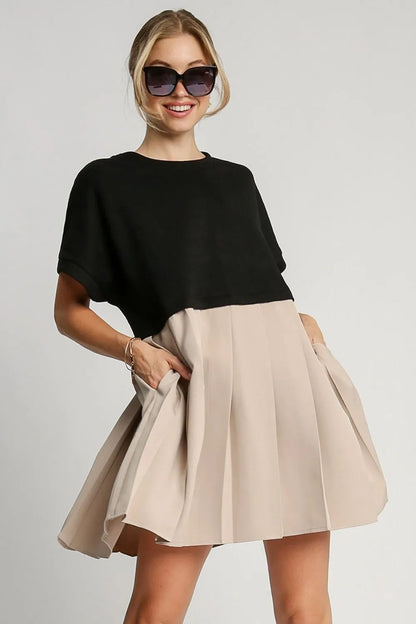 Full Size Round Neck Pleated Dress with Side Pockets Plus Size in Black - product view 1