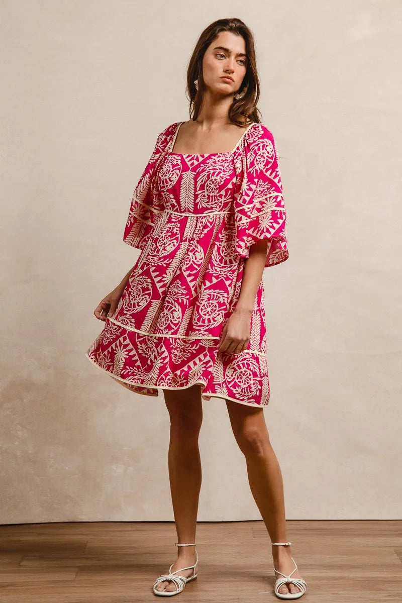 Aztec Woven Printed Contrast Binding Dress in Fuchsia - product view 9