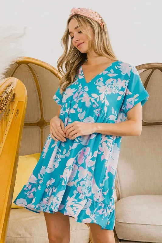 Floral Crinkle Shirred Ruffle Detail V Neck Dress in Soft Blue - product view 6
