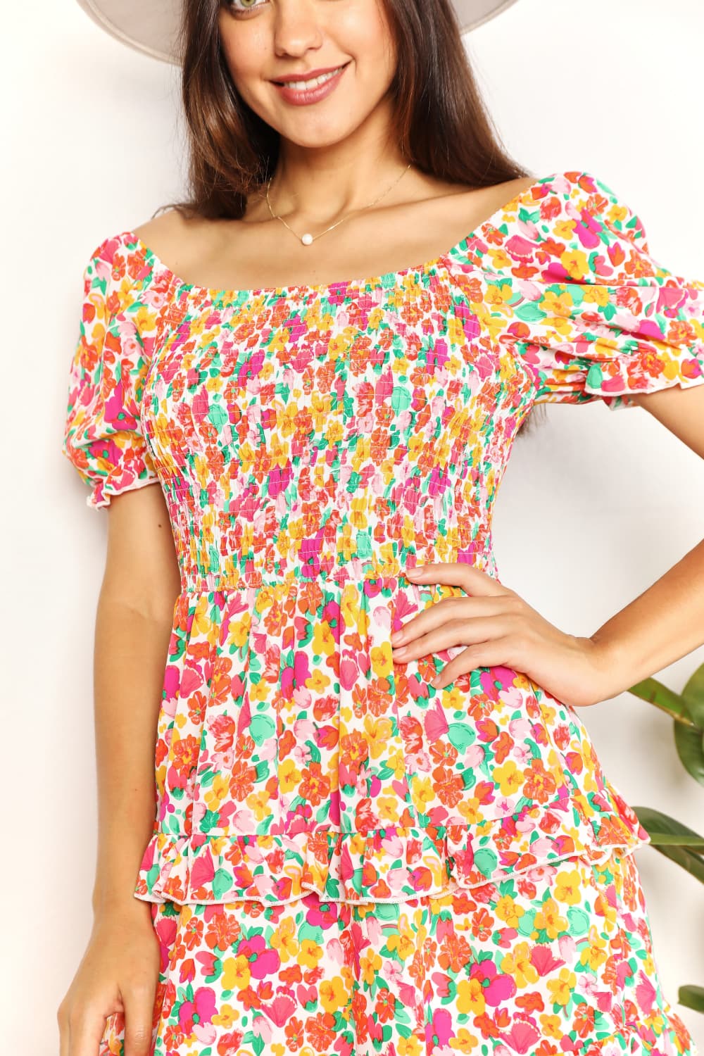 Smocked Sweetheart Neck Flounce Sleeve Mini Dress in Strawberry - product view 6