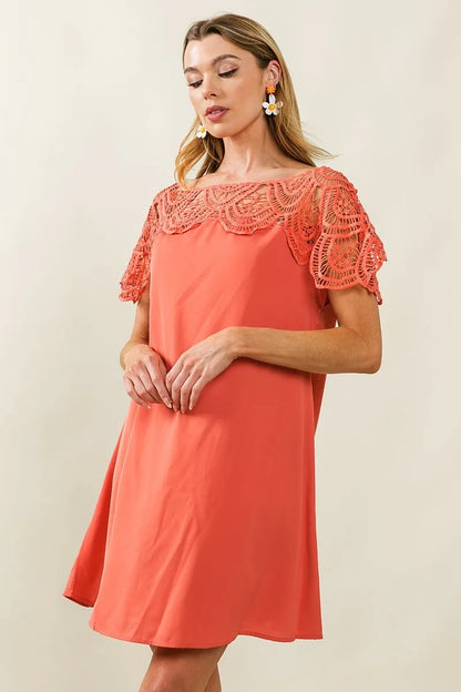 Crochet Lace Yoke Detailed Wrinkled Dress - Apricot - product view 9