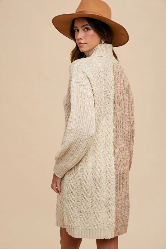 Color Block Turtleneck Sweater Dress in Taupe - product view 2