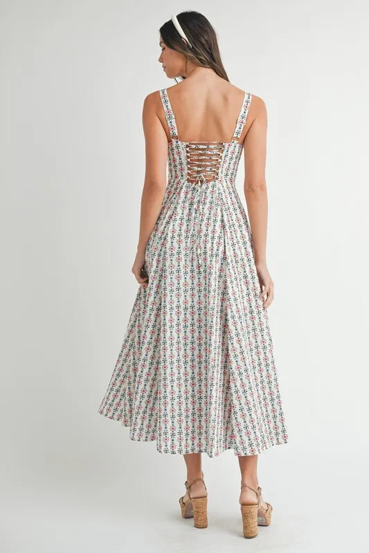 Floral Print Bustier Back Lace Up Midi Dress - Cream - product view 2