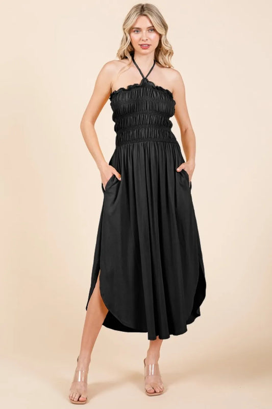 Tie Back Shirring Dress with Pockets - Black - product view 1