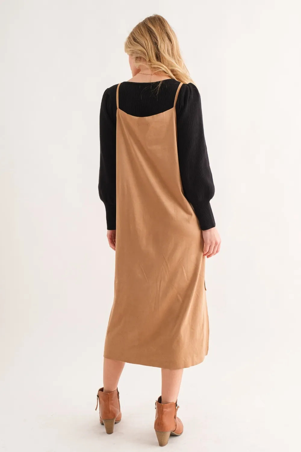 Faux Suede Cut Edge Slit Cami Midi Dress in Khaki - product view 4