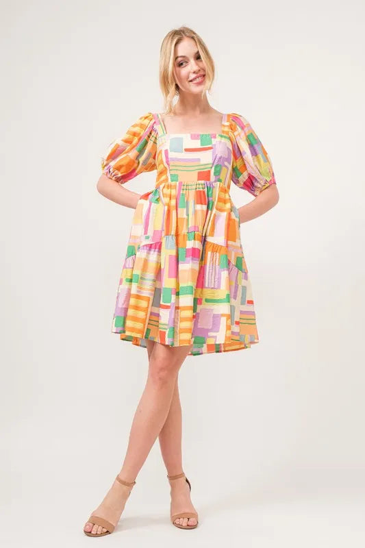 Square Neck Puff Sleeve Geo Printed Mini Dress in Yellow Multi - product view 7