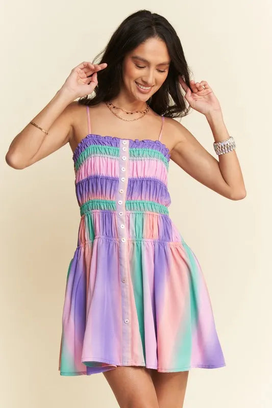 Multi Color Ombre Printed Bodice Button Up Dress in Purple Multi - product view 3