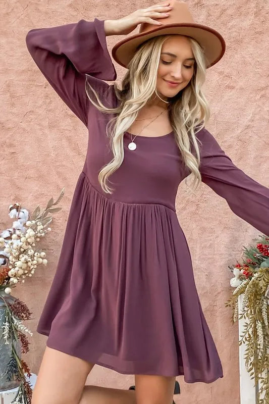 Back Lace Button Down Detail Bell Sleeve Dress in Purple - product view 5