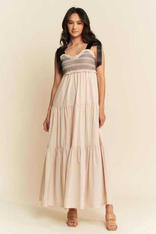 Multi Contrast Smocked Bodice Straps Maxi Dress in Beige - product view 1