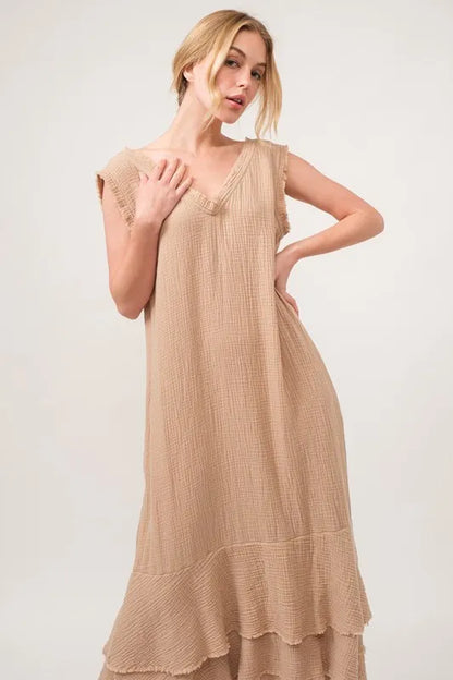 Washed Cotton Gauze Fringe Detail Tiered Dress - Sand - product view 7