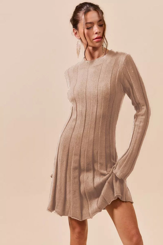 Ribbed Long Sleeve Mini Sweater Dress in Latte - product view 1