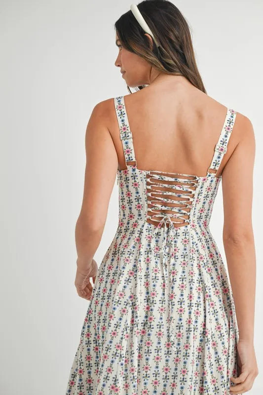 Floral Print Bustier Back Lace Up Midi Dress - Cream - product view 14
