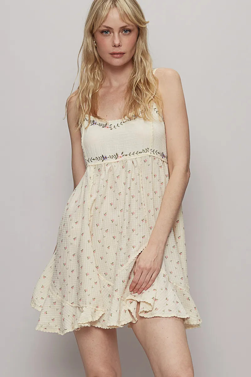 Ruffled Hem Floral Print Cami Mini Dress in Cream - product view 2