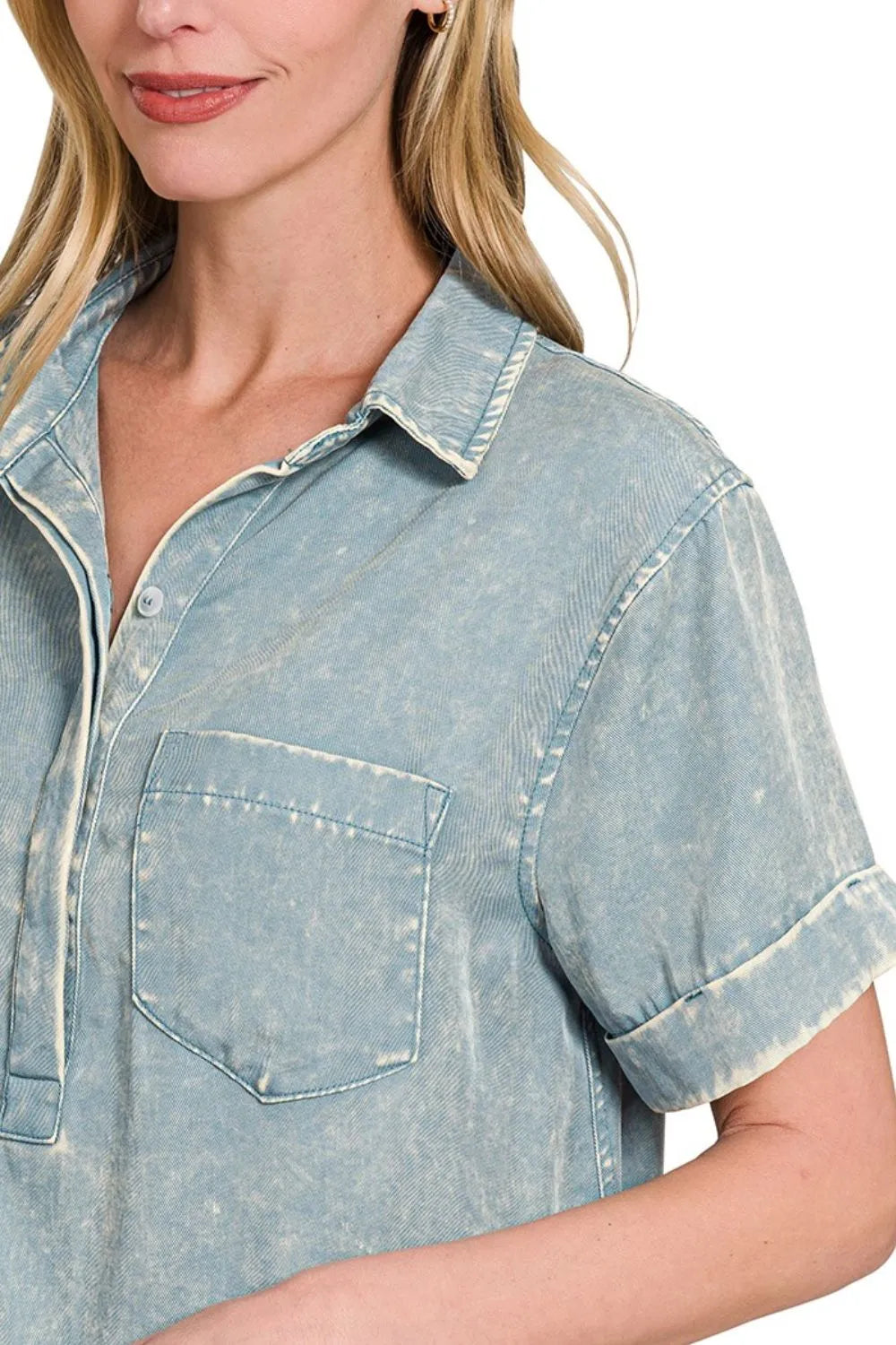Tencel Mineral Washed Collared Shirts Dress - Blue Grey - product view 5
