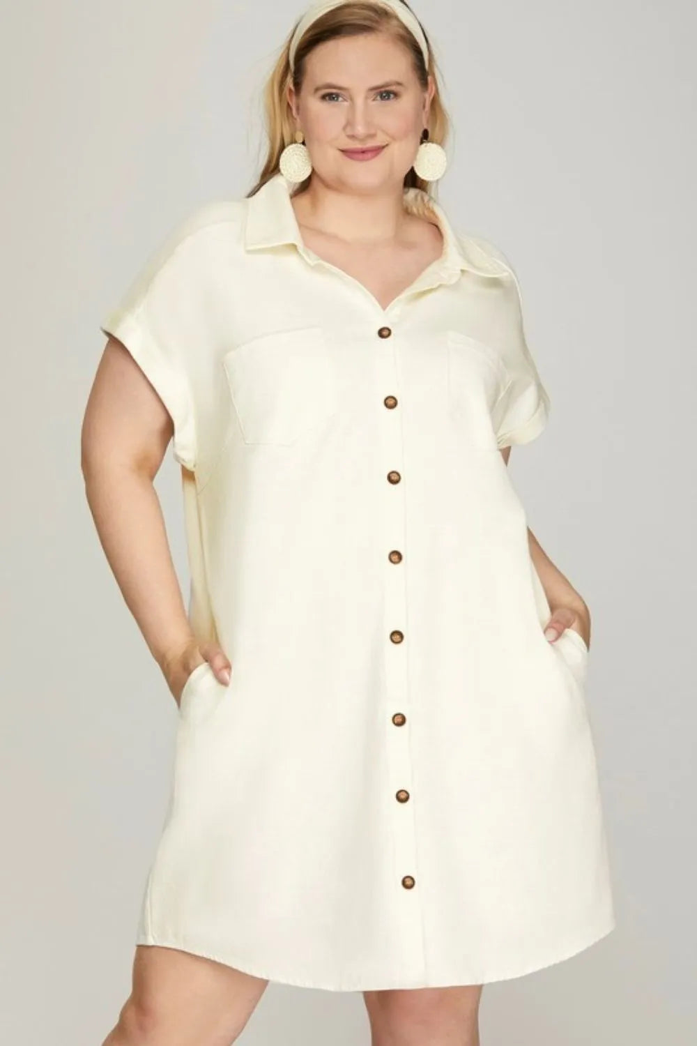 Full Size Folded Cuff Button Down Washed Twill Shirt Dress Plus Size - Ivory - product view 2
