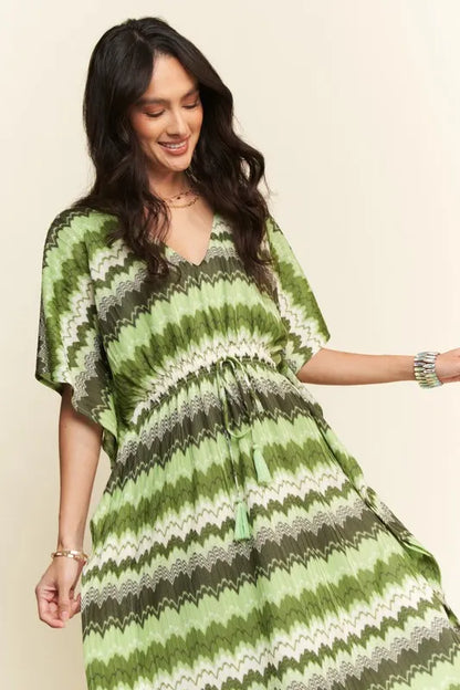 Multi Color Wavy Tie Waist Flowy Sleeve Dress - Sage Multi - product view 8