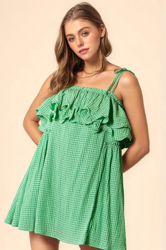 Textured Jacquard Checker Fabric Ruffled Dress in Ibiza Green - product view 1