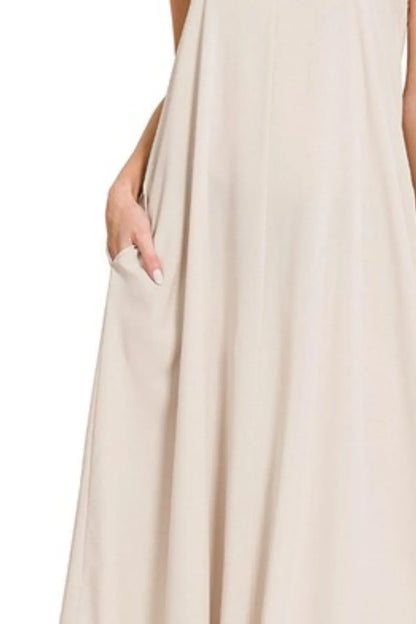 Woven Arc Hem Cami Dress With Flowy Pockets - Sand Beige - product view 3