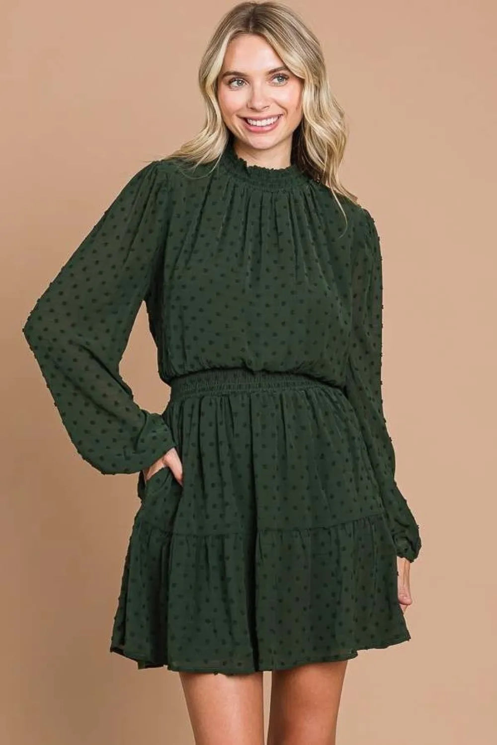 Swiss Dot Smock Neck Mini Dress with Pockets in D.Olive - product view 4