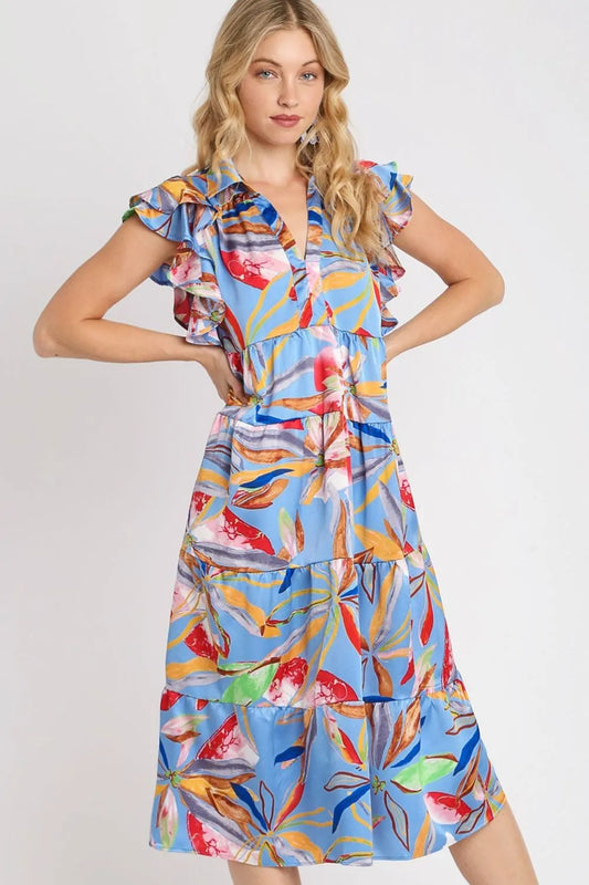 Full Size Leaf Print Double Layered Ruffle Sleeve Tiered Midi Dress Plus Size - Periwinklemix - product view 1
