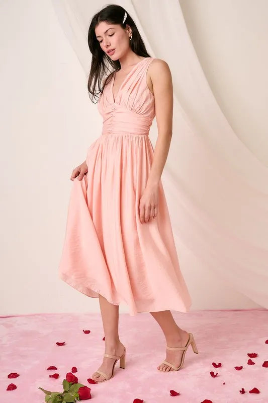 Ruched V-Neck Sleeveless Midi Dress in Blush - product view 3