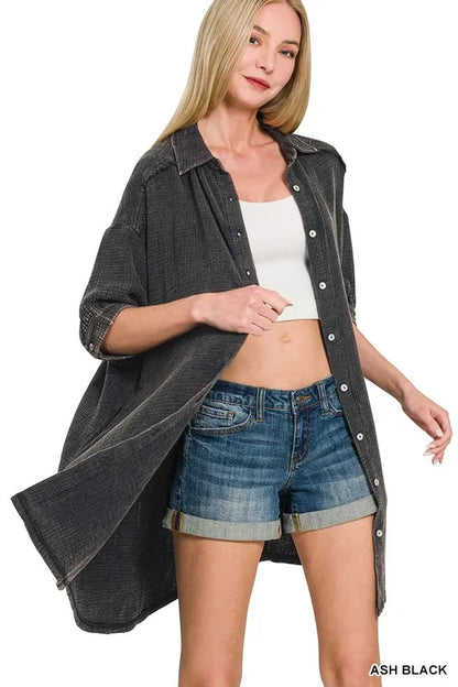 Washed Double Gauze Button Down Shirt Dress - Ash Black - product view 3