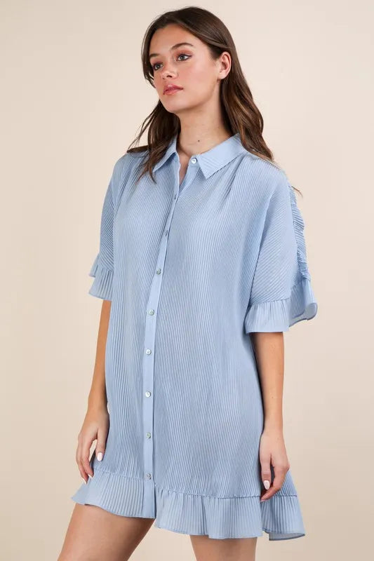 Pleated Detail Button Down Mini Dress - Sky - product view 3