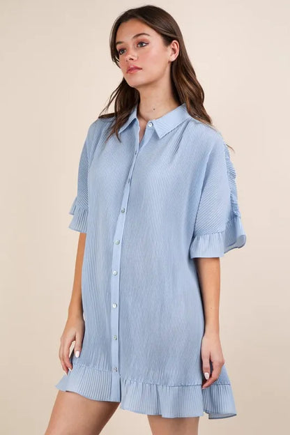 Pleated Detail Button Down Mini Dress - Sky - product view 3