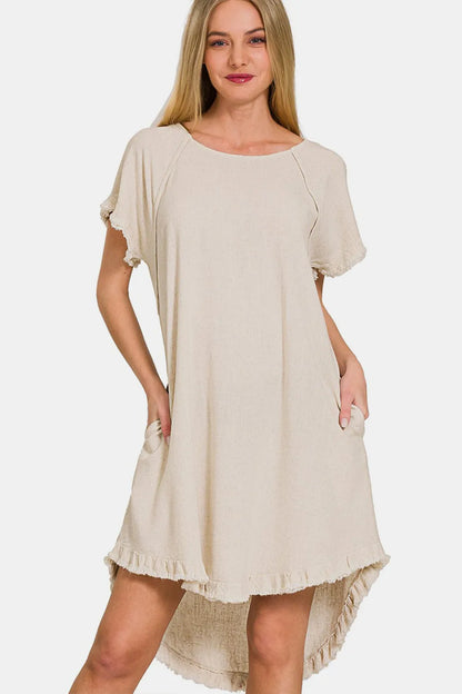 Fringe Edge High Low Flowy Dress with Pockets in Beige - product view 1