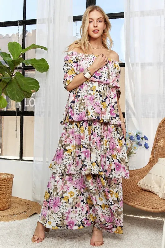 Layered Floral Off-Shoulder Short Sleeve Maxi Dress - Mauve - product view 10