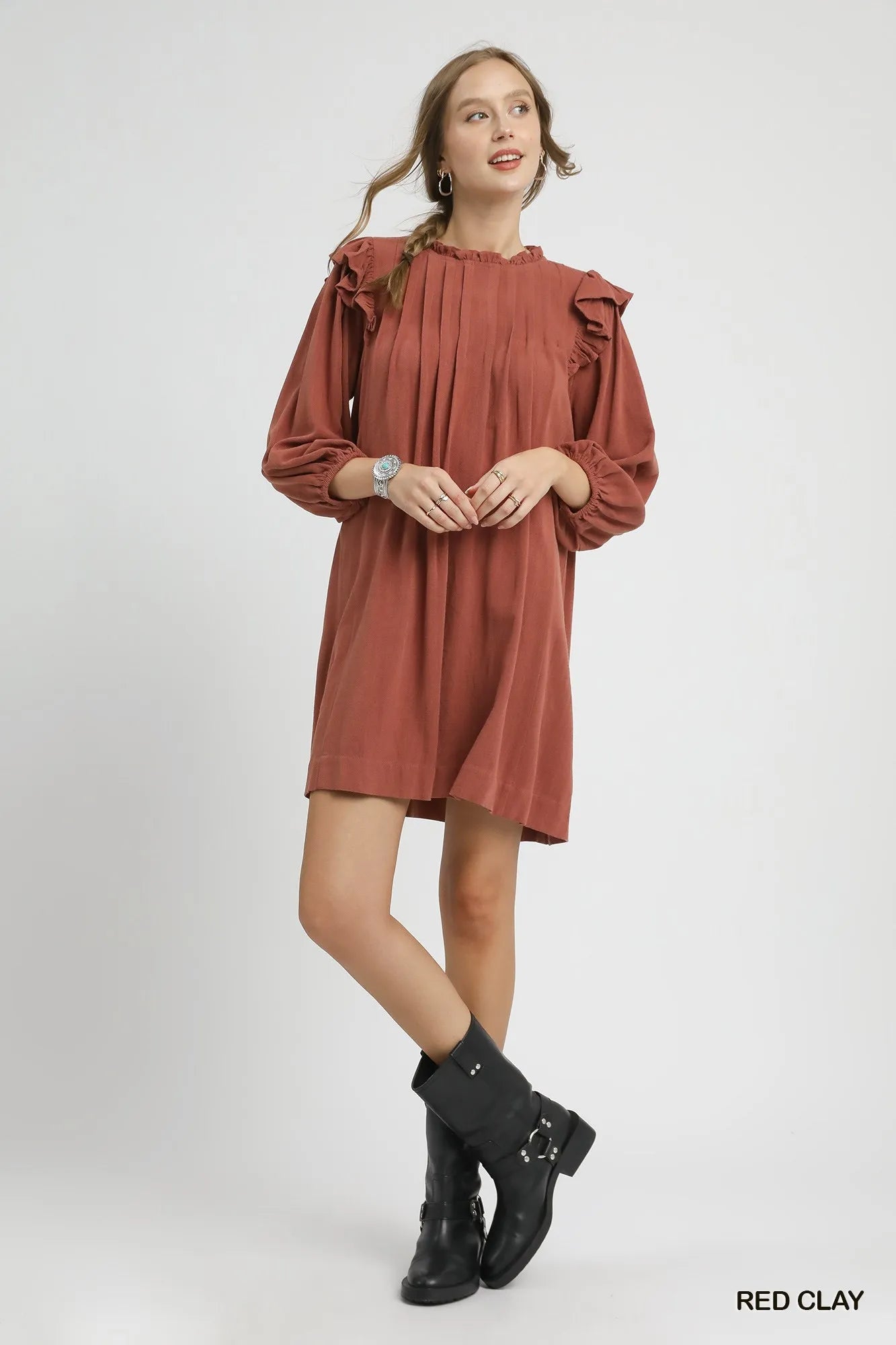 Linen Ruffle Shoulder Pleated Babydoll Dress - Red Clay - product view 3