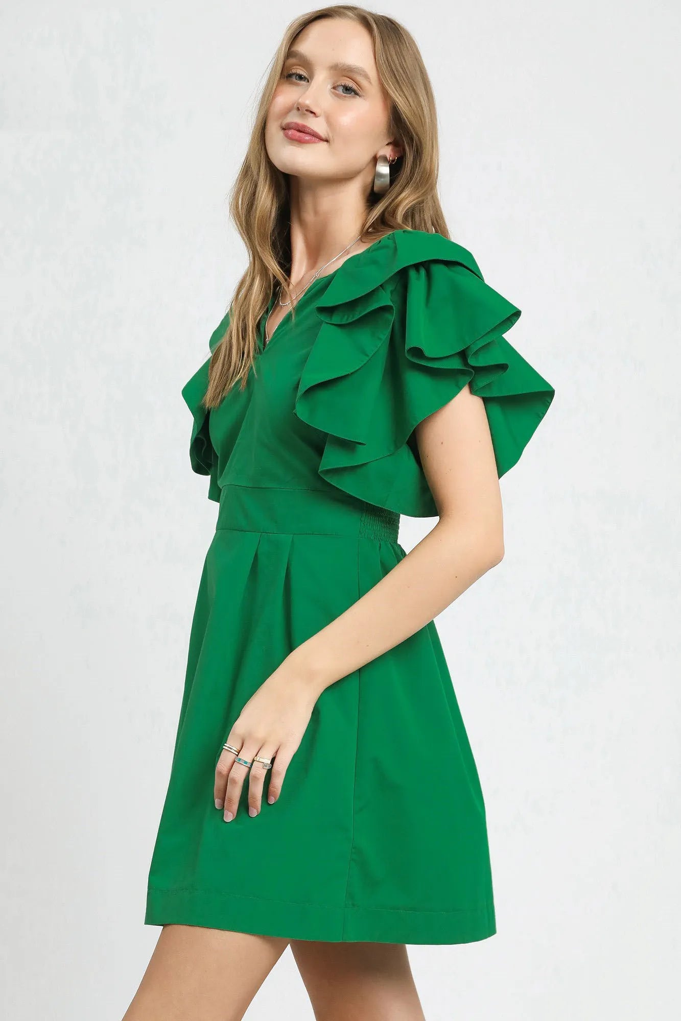 Double Ruffle Sleeve Fit and Flare Dress - Dark Green - product view 2