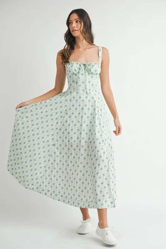 Floral Print Bustier Back Lace Up Midi Dress - Mint - product view 14