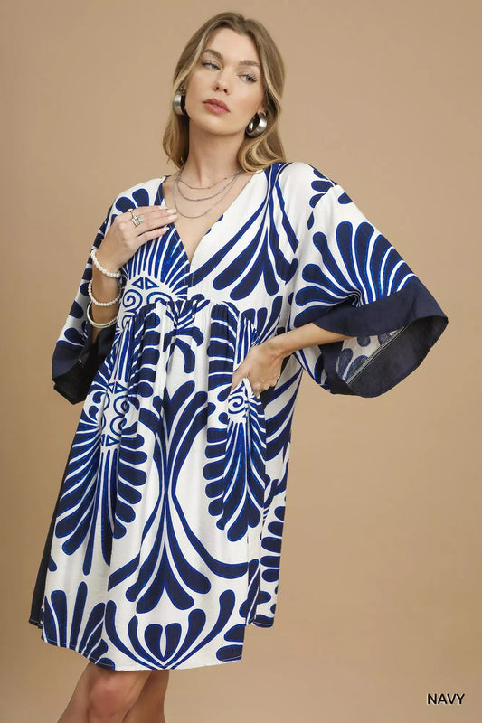Abstract Print Kimono Sleeve Mini Dress - Navy - product view 1