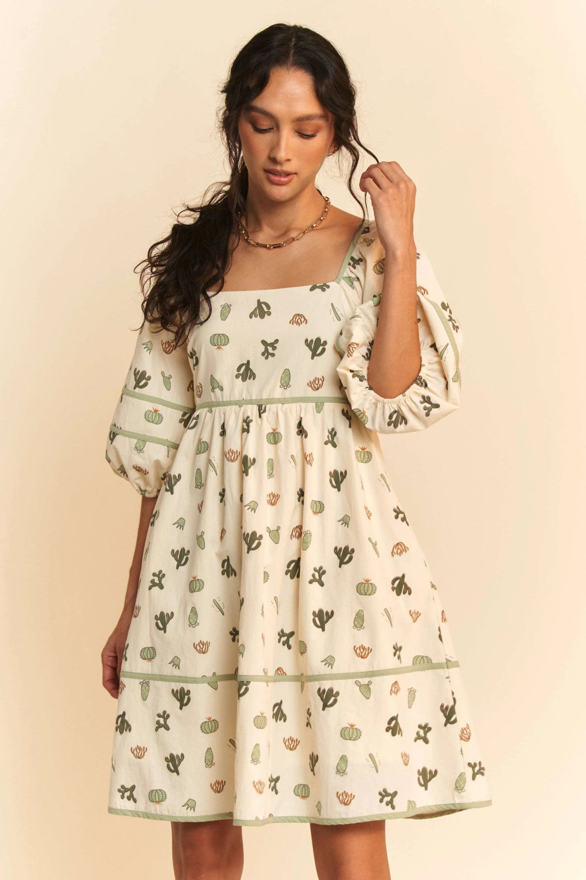 Cactus Printed Poplin Contrast Piping Mini Dress in Cream/Green - product view 3