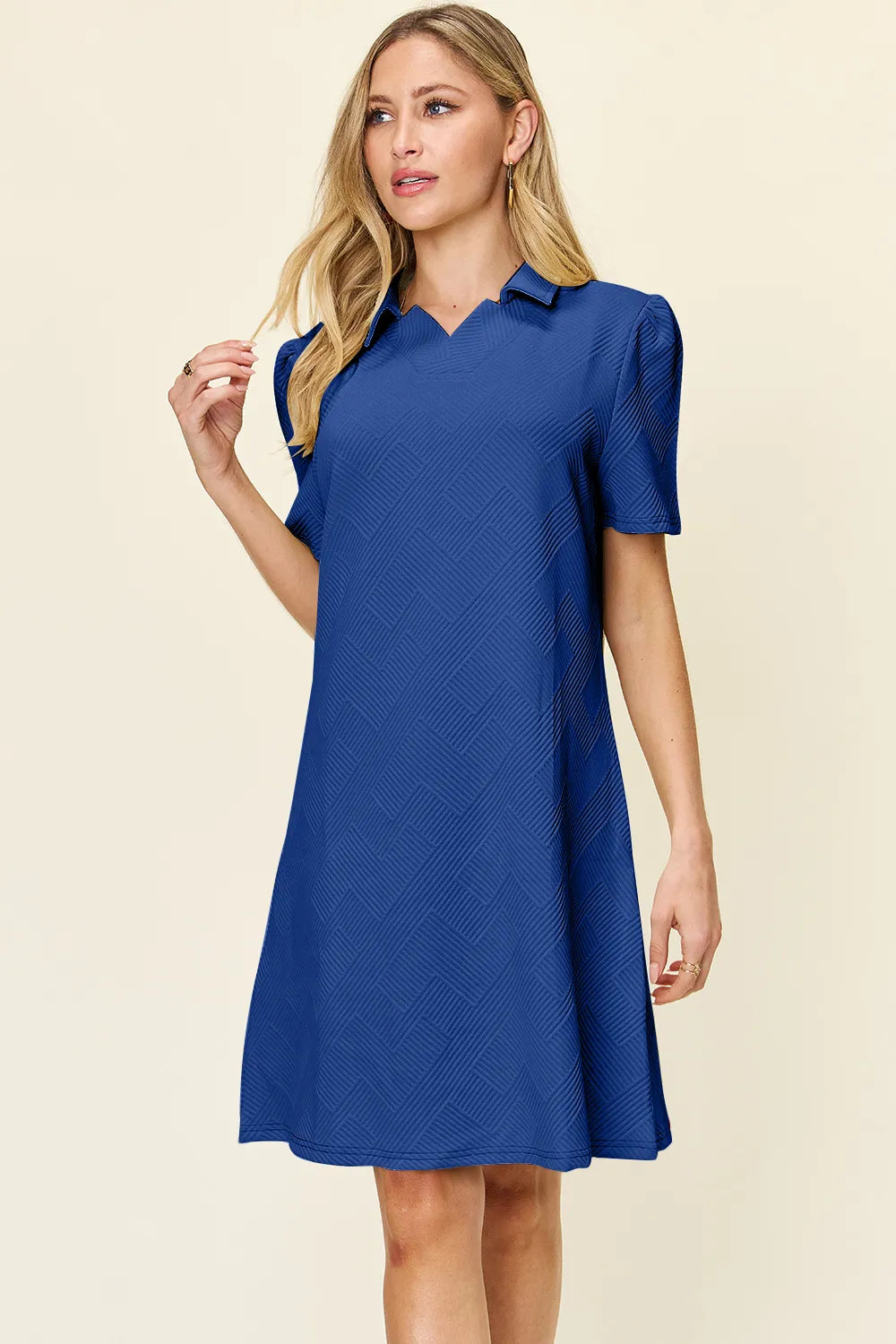 Full Size Texture Collared Neck Short Sleeve Dress in White, Lavender and more - product view 28