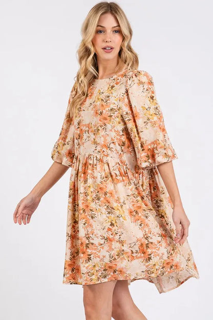 Flower Print Linen Blend Babydoll Mini Dress in Tangerine - product view 2