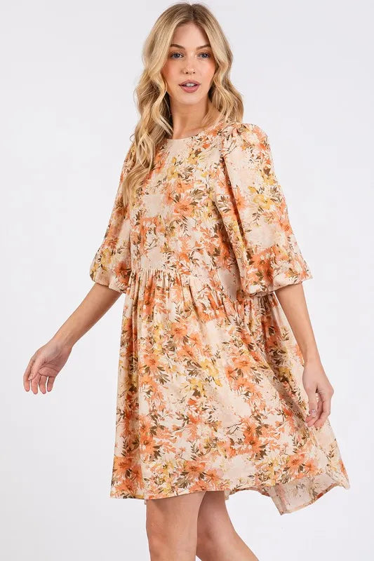 Flower Print Linen Blend Babydoll Mini Dress in Tangerine - product view 2