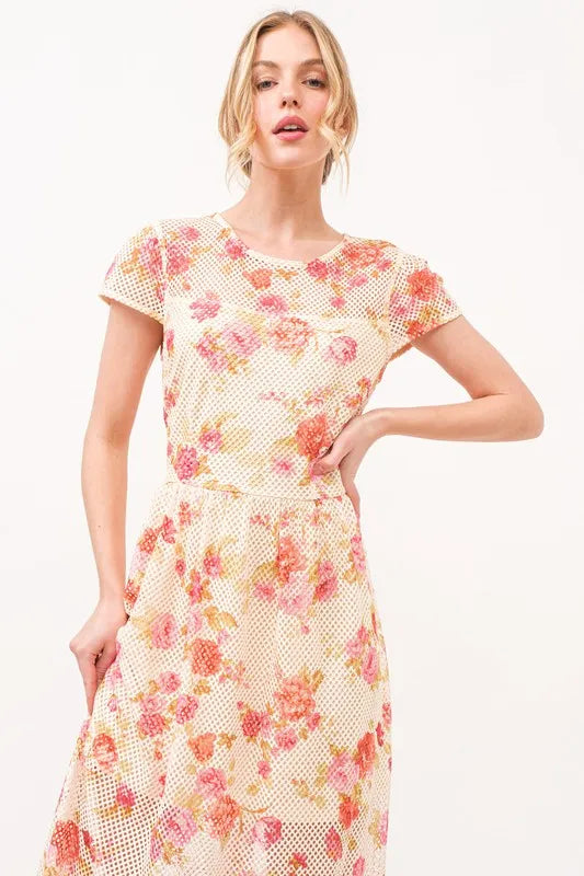 Fish-Net Floral Printed Midi Dress in Multi - product view 7
