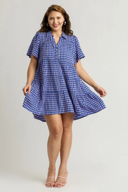 Full Size Gingham Tiered Button Detail Short Sleeve Dress Plus Size - Blue - product view 6
