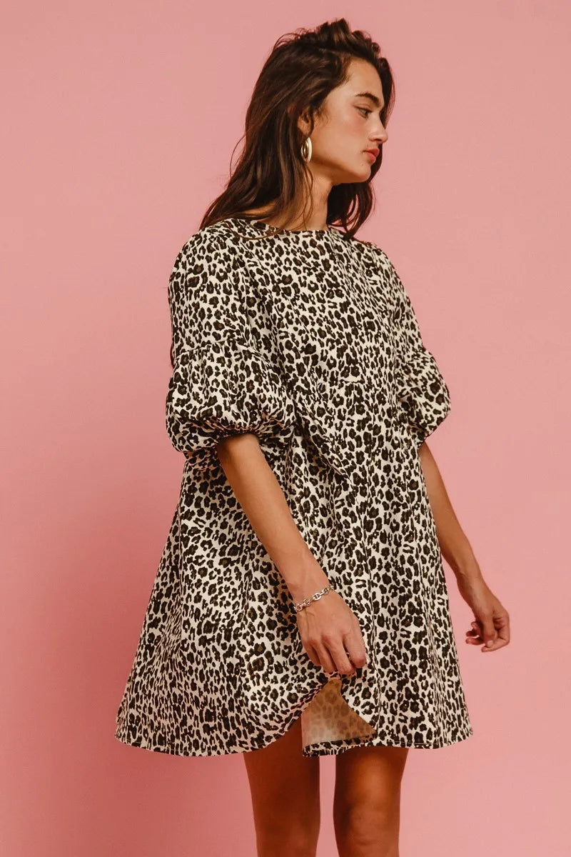 Leopard Denim Dress With Back Contrast Tie Detail in Off White Leopard - product view 8
