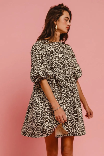 Leopard Denim Dress With Back Contrast Tie Detail in Off White Leopard - product view 8