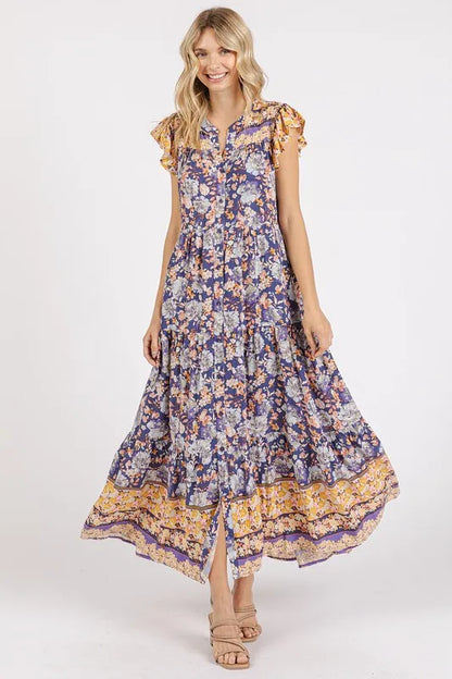 Floral Ruffled Notched Cap Sleeve Maxi Dress in Peacock Blue - product view 2
