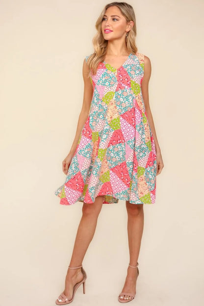 Full Size Babydoll Floral Patchwork Dress with Side Pockets in Peach/Sage - product view 1